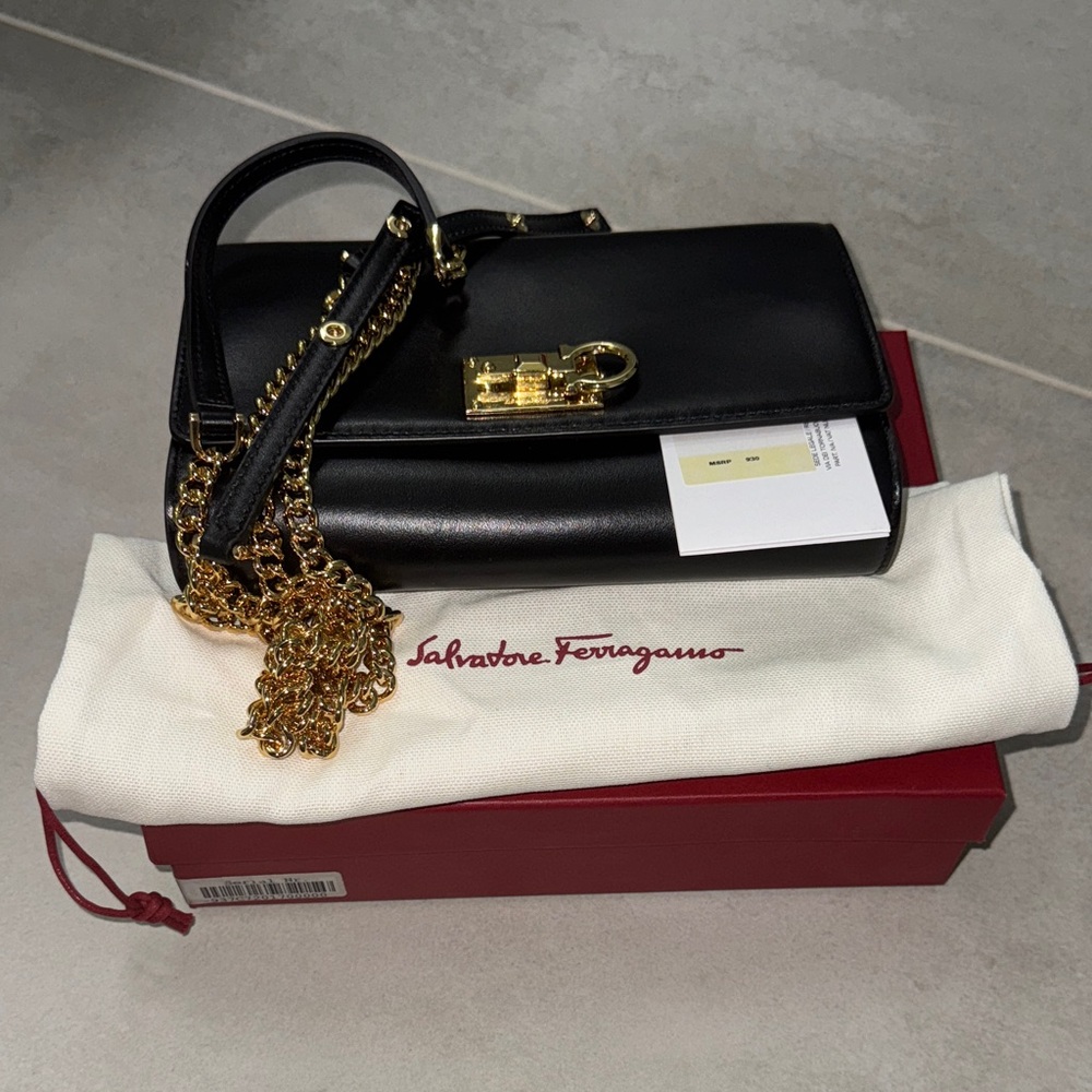Salvatore Ferragamo Black Shoulder Bag with Gold Chain
